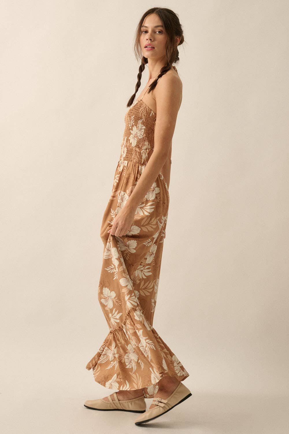 Floral Smocked-Bodice Maxi Halter Dress