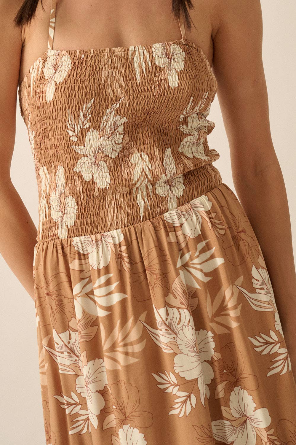 Floral Smocked-Bodice Maxi Halter Dress