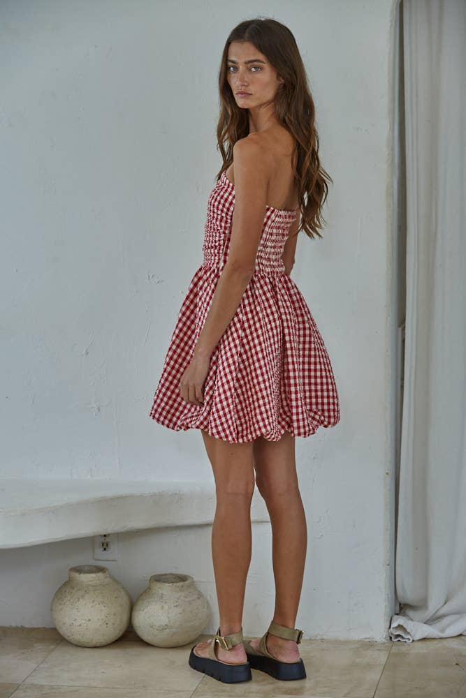 Gingham Smocking Tube Mini Dress