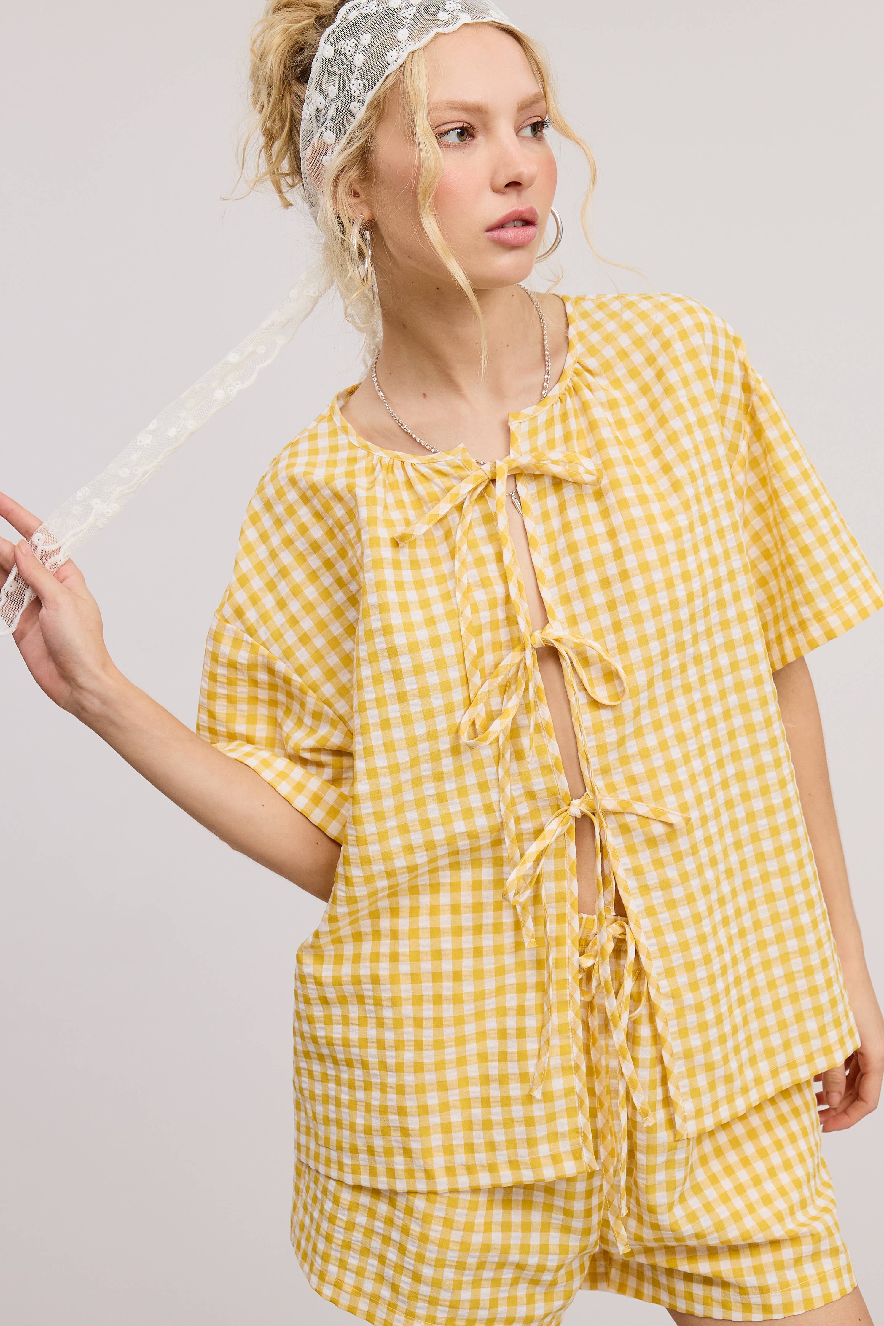 Gingham Ribbon Tie Top & Shorts Set