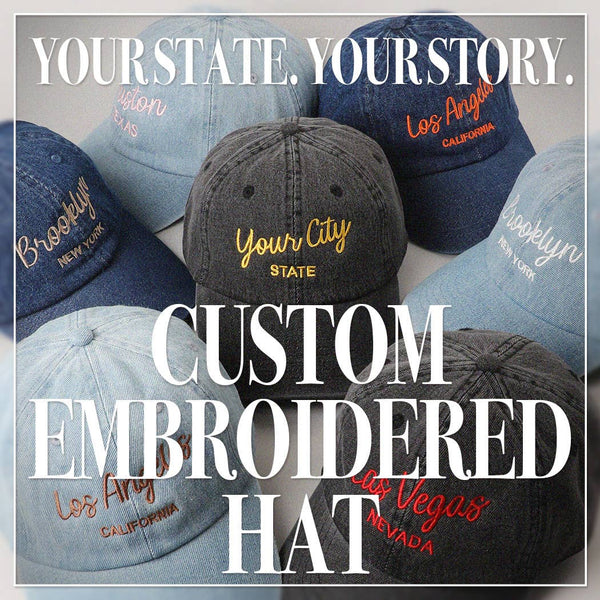 Custom Denim Embroidered Hat – Your City & State Design
