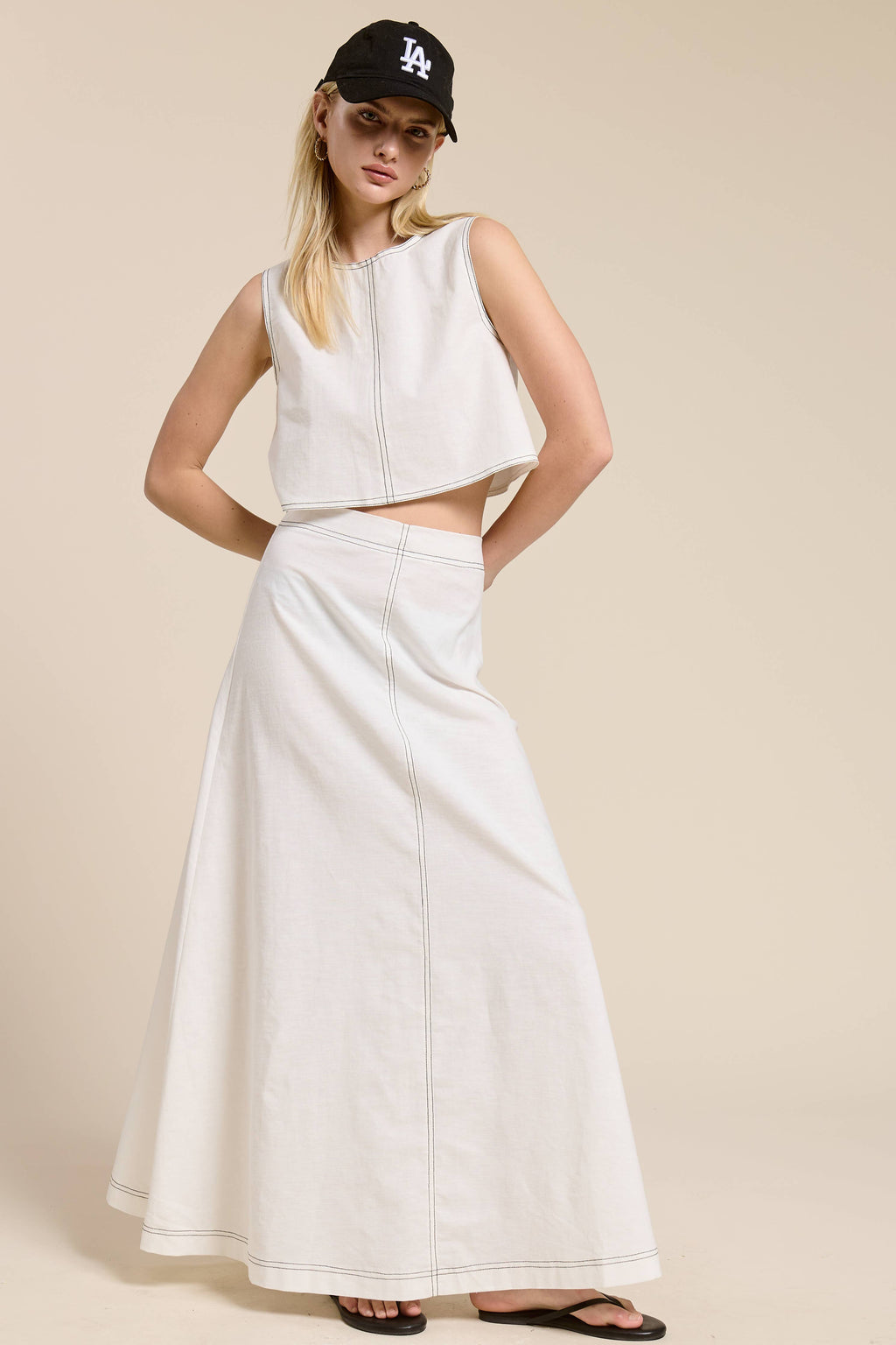 Contrast Stitch Linen Skirt