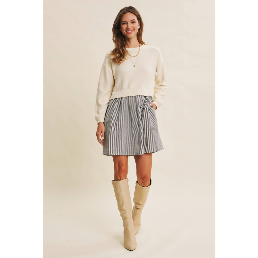 EASY COFFEE DATE BACK RIBBON TWOFER MINI SWEATER DRESS
