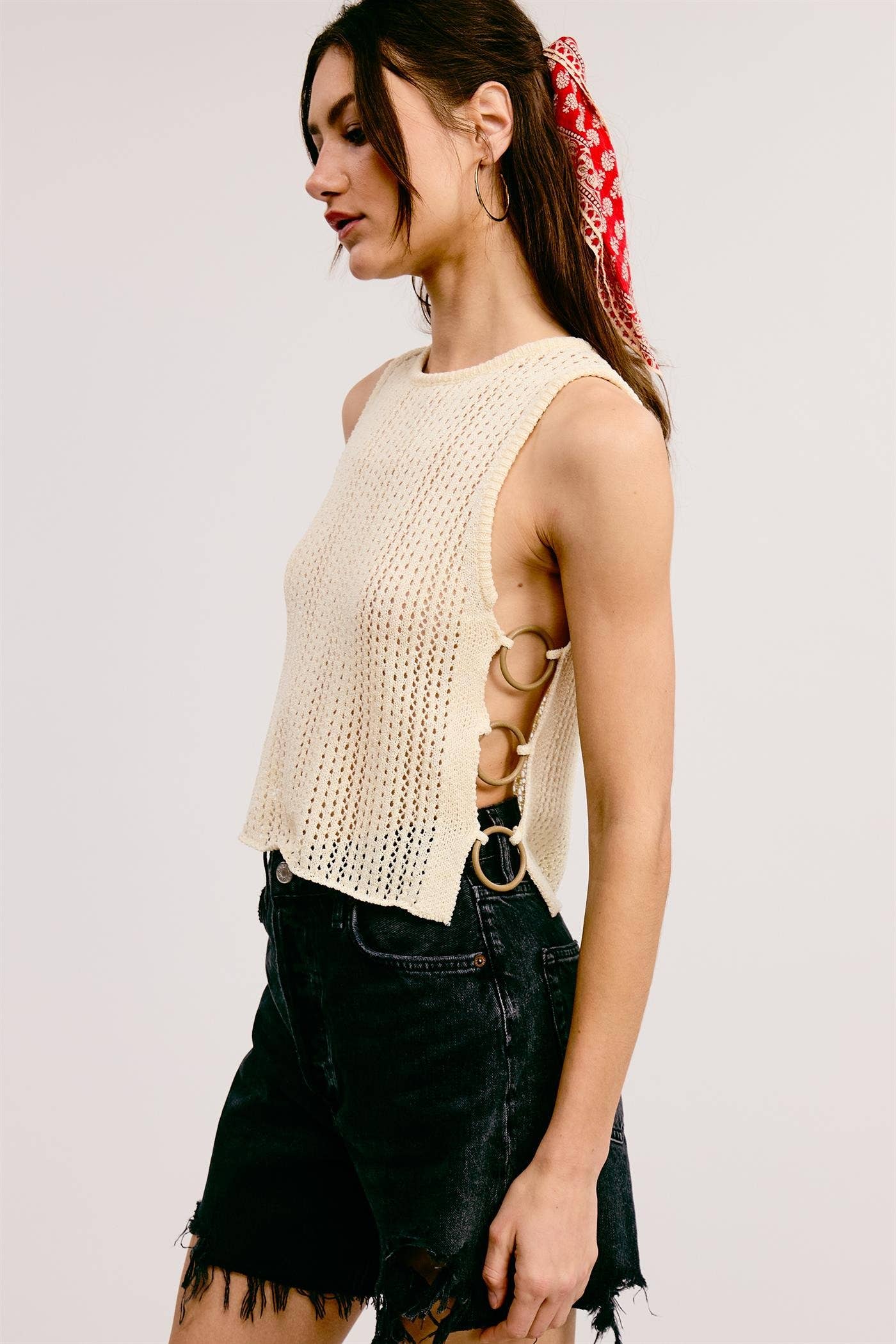 Crochet Knit Tank Top with Side O-Ring Detail