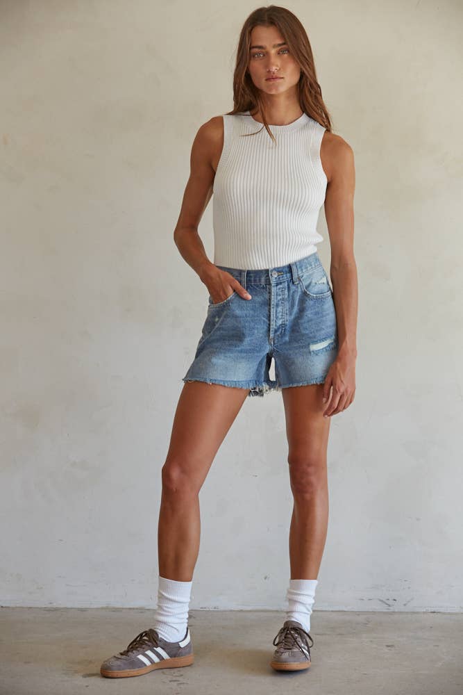 Distressed Denim Button Front Shorts