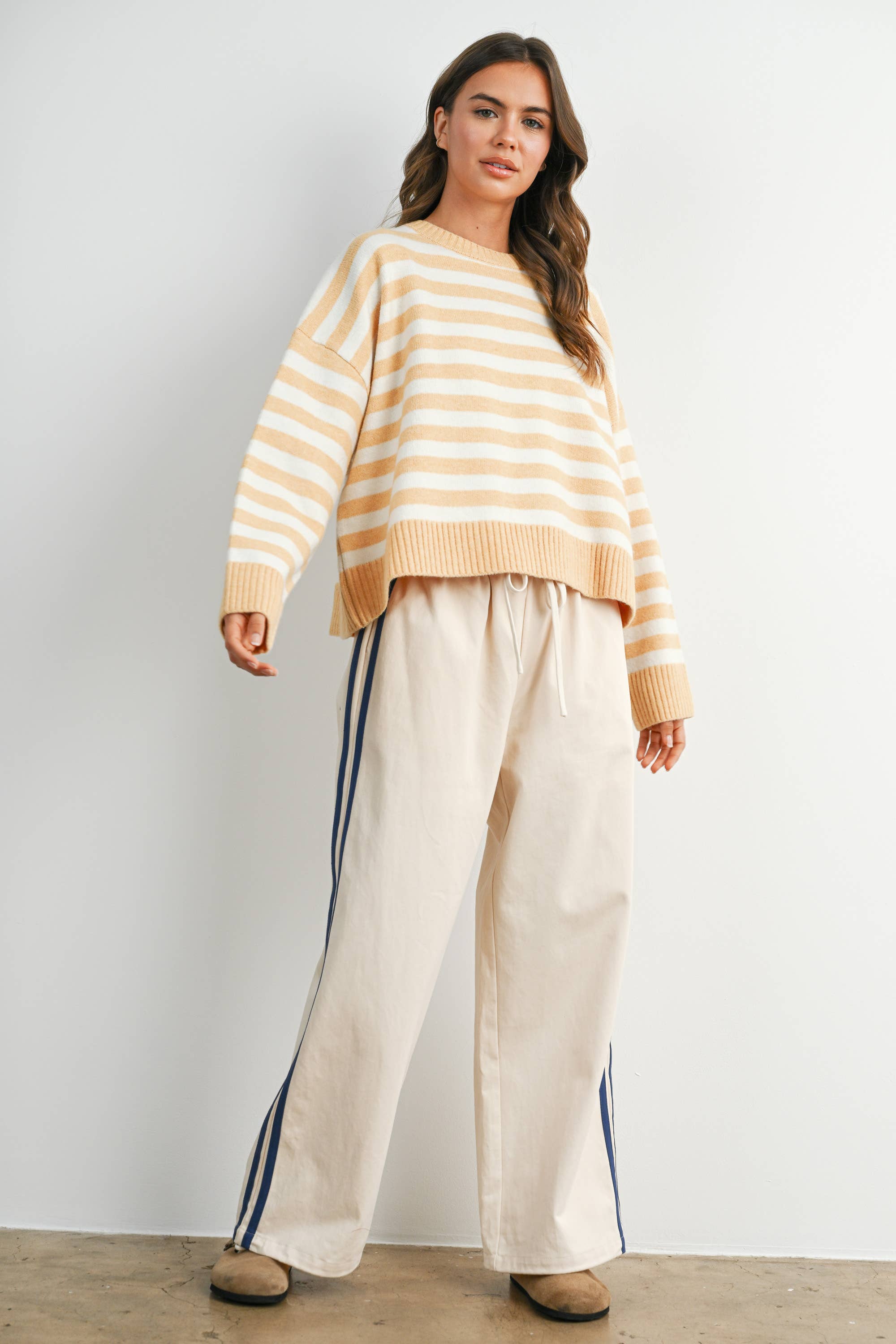 Striped Wide-Leg Drawstring Track Pants