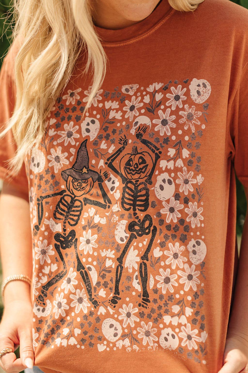 Floral Skeleton Pumpkins Graphic Tee  CLEARANCE