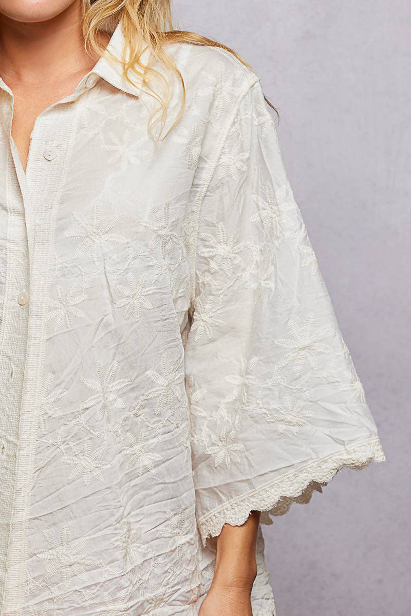 Scalloped Edges Embroidered Floral Half Sleeve Shirt