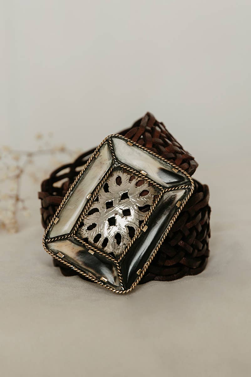 BROWN LEATHER BELT WIDE SQUARE EMPIRE