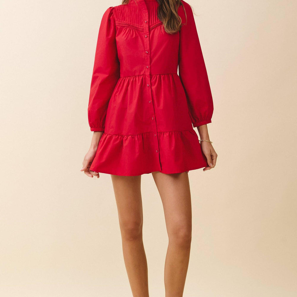Pintuck Yoke Detail Button Mini Dress
