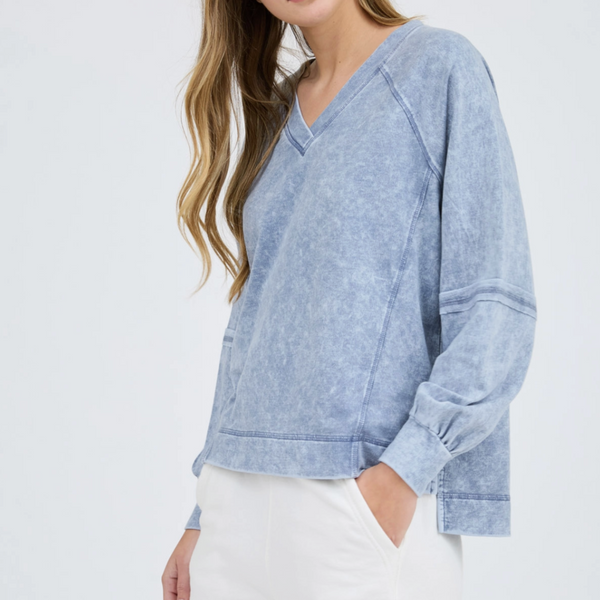 Washed Indigo V Neck Exposed Seam Long Sleeve Knit Top