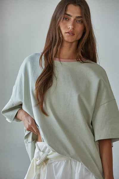 L8881 | Knit Cotton Contrast Neck Crew Neck T-Shirt