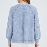 Washed Indigo V Neck Exposed Seam Long Sleeve Knit Top