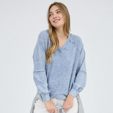 Washed Indigo V Neck Exposed Seam Long Sleeve Knit Top