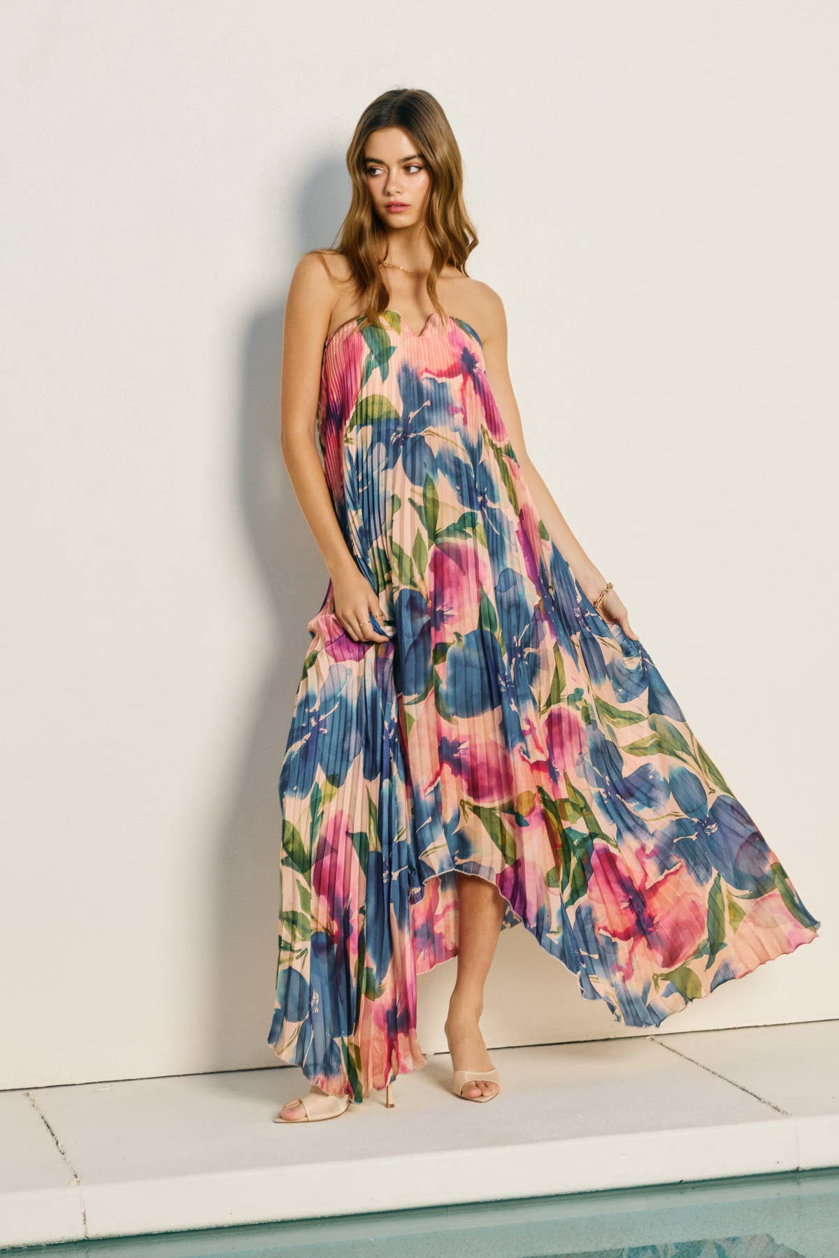 Floral Strapless Pleated Maxi Column Dress