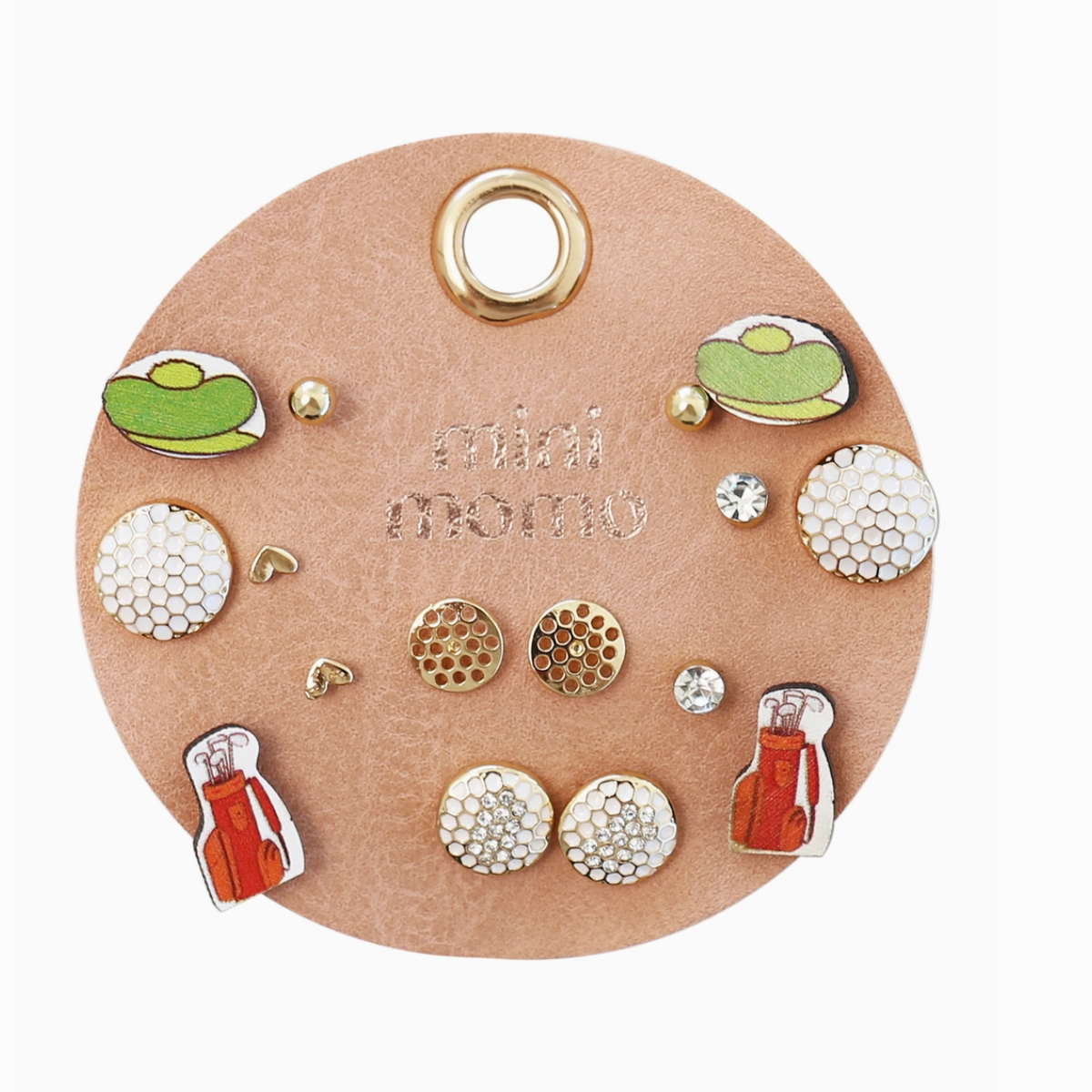 Golf-themed stud earring set displayed on a leather backing, featuring golf balls, visors, clubs, and rhinestone designs.