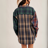 "Back view of multicolor patchwork flannel shirt with relaxed fit and cowboy hat"

