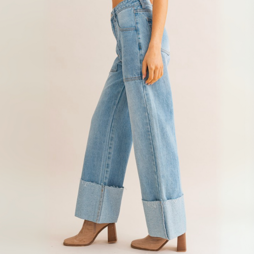 Side view of High Waist Wide Leg Cuffed Jeans showing cuff and pocket detail
