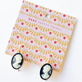 Gift-ready packaging of the vintage-inspired black cameo earrings.