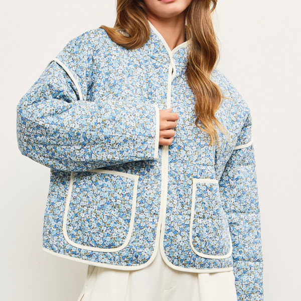 Blue Printed Floral Quilt Puffer Jacket