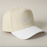 Cream and white embroidered Bride baseball cap, perfect for bachelorette parties, bridal showers, and wedding day photos.