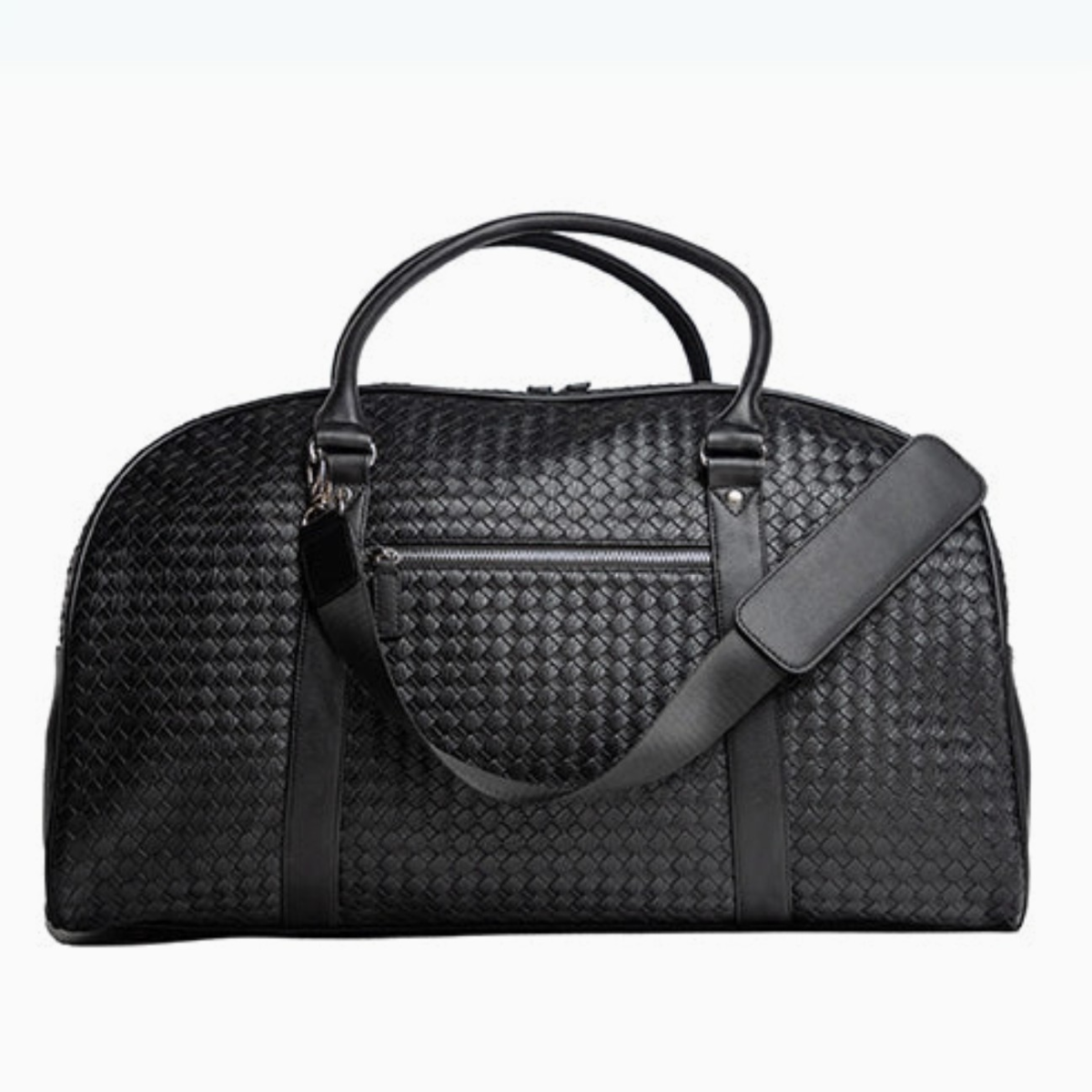 Luxury black leather weekender duffel featuring detachable padded shoulder strap, perfect for stylish travel.