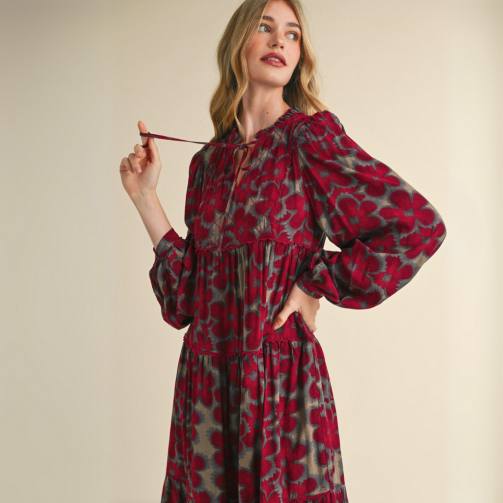 Floral Tiered Lace Trim Midi Dress with Ruffled Neckline & Pockets East Of These Floral Tiered Lace Trim Midi Dress with Ruffled Neckline & Pockets East Of These