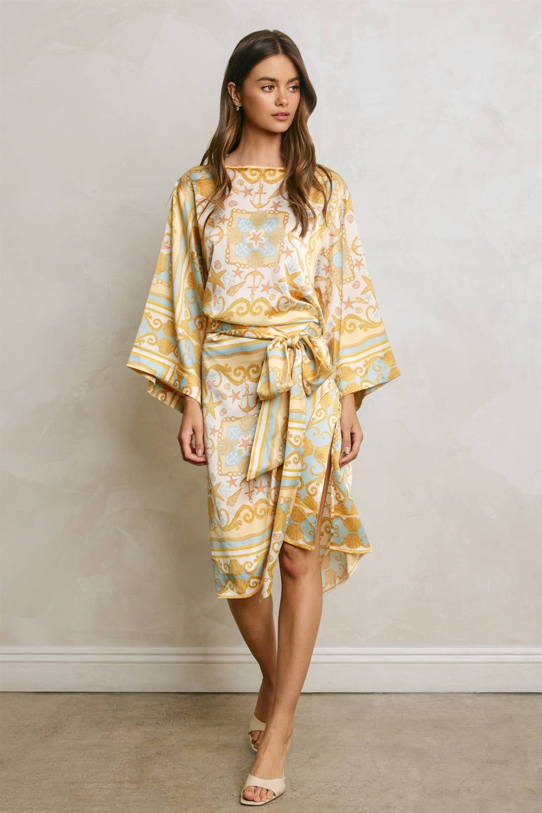 Conversational Scarf Satin Sash Kaftan Dress