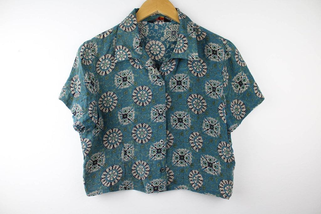 Reworked Vintage Short-Sleeve Button Up Blouse - Cropped