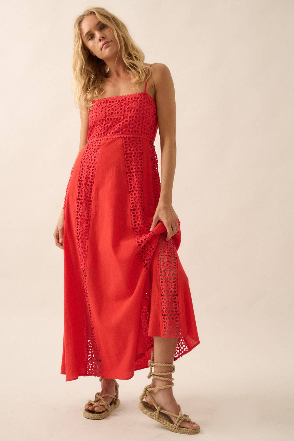 Lace and Crepe Paneled Maxi Dress