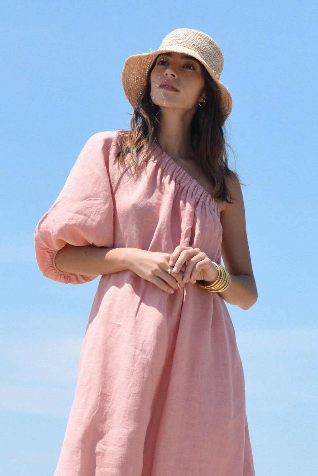 Milos Linen One-Shoulder Maxi Dress – Rose