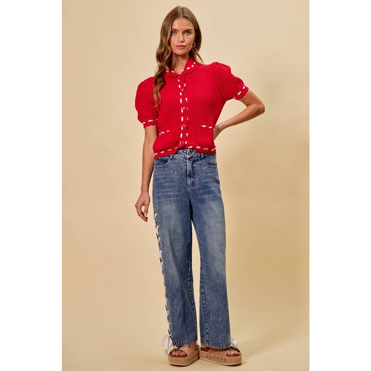 Mid Rise Straight Leg Denim Side Lace Up Jeans