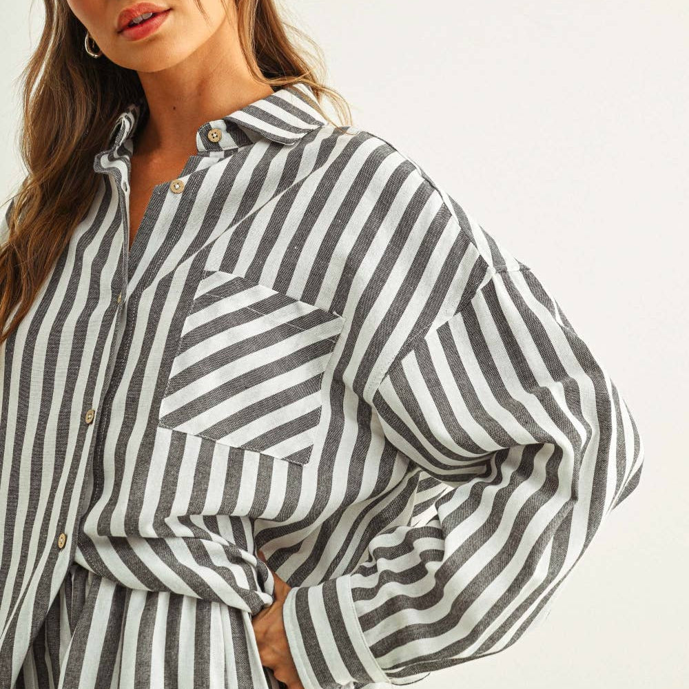 STRIPED BUTTON DOWN LINEN SHIRT