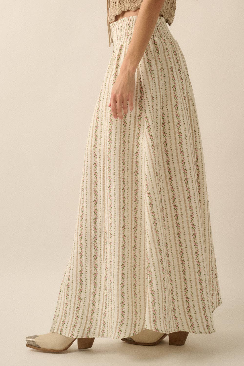 Floral-stripe Yoke-Waist Button-Front Maxi Skirt