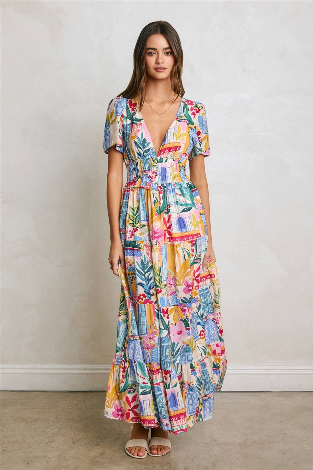 Long Summer Plunging Tiered Maxi Dress