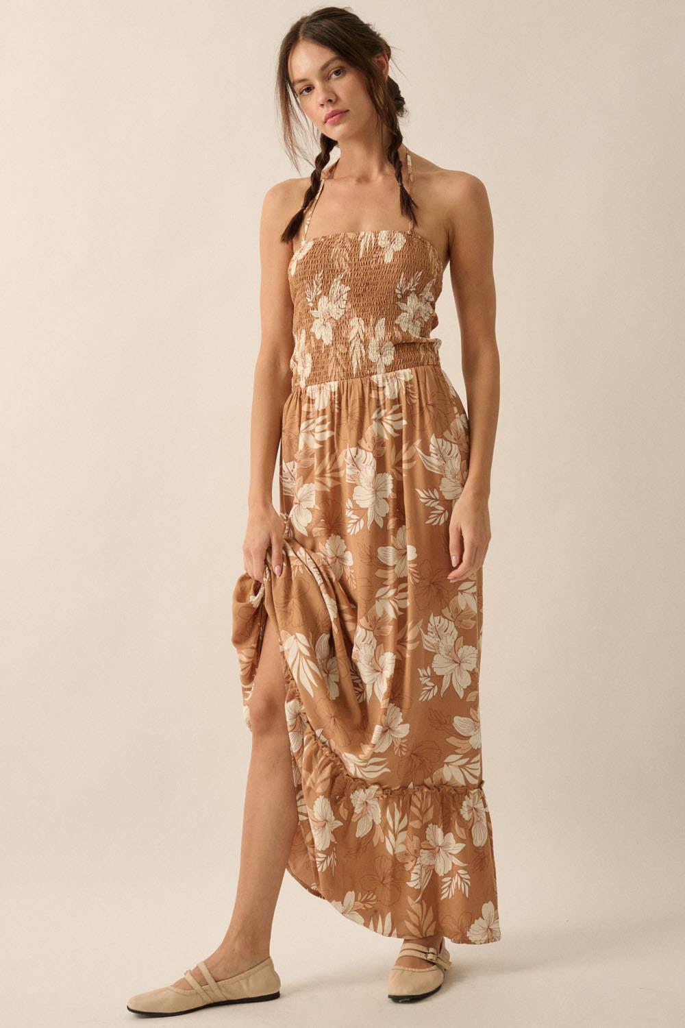 Floral Smocked-Bodice Maxi Halter Dress
