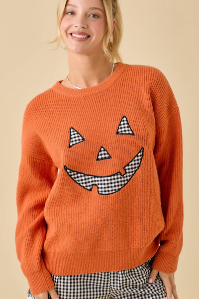 Pumpkin Face Patchwork Sweater Knit Top