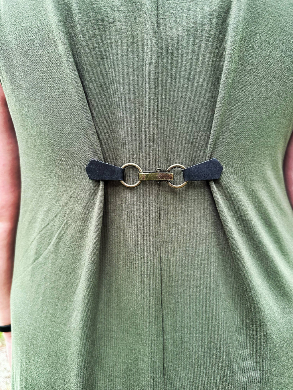 Bronze Buckle & Black Leather Cinch Clip for Dress, Cardigan