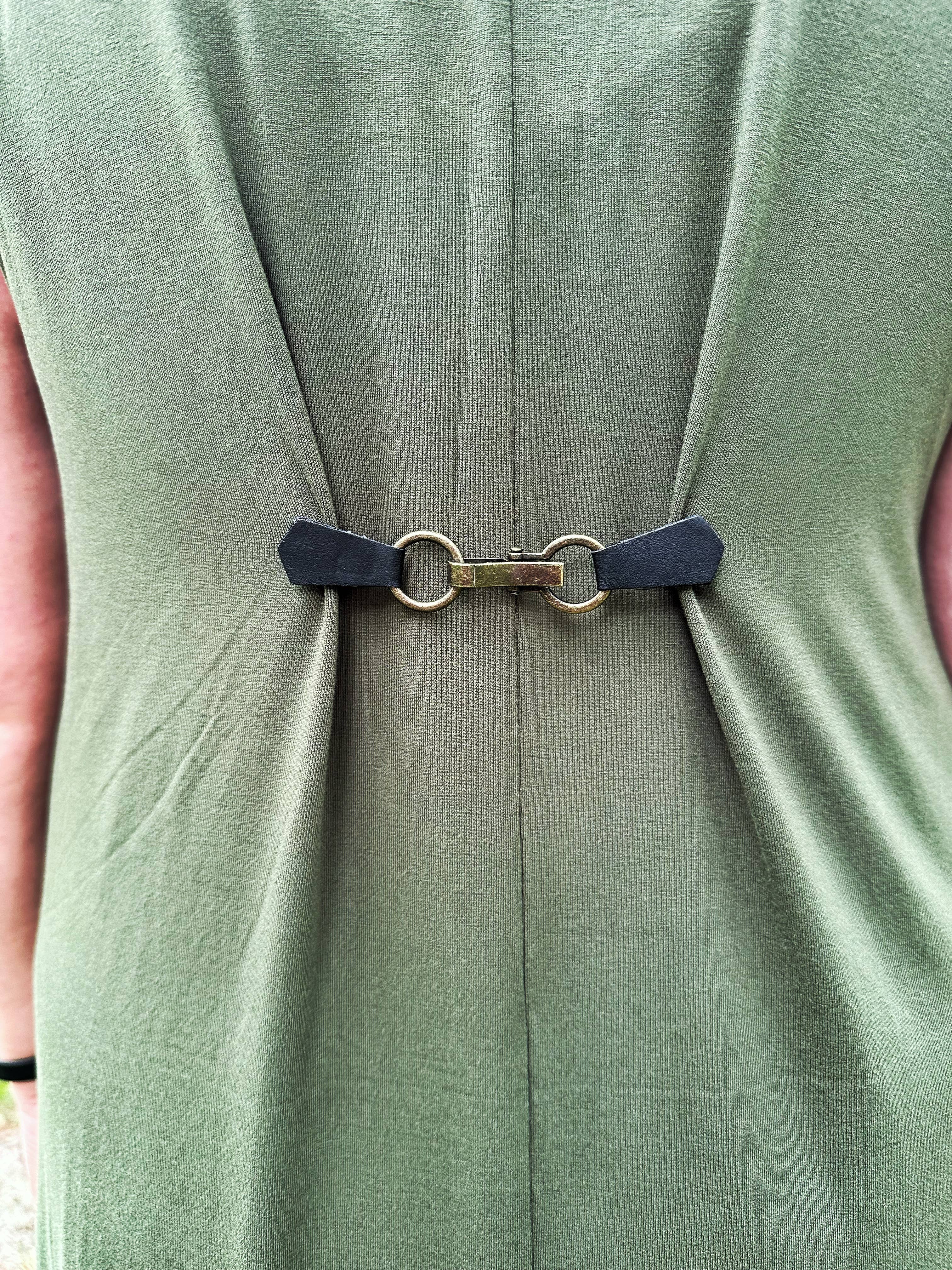 Bronze Buckle & Black Leather Cinch Clip for Dress, Cardigan