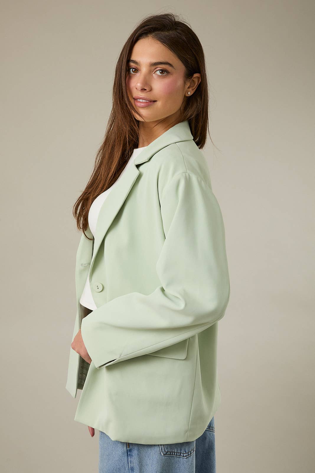 Sage Oversized Blazer with Gingham Lining