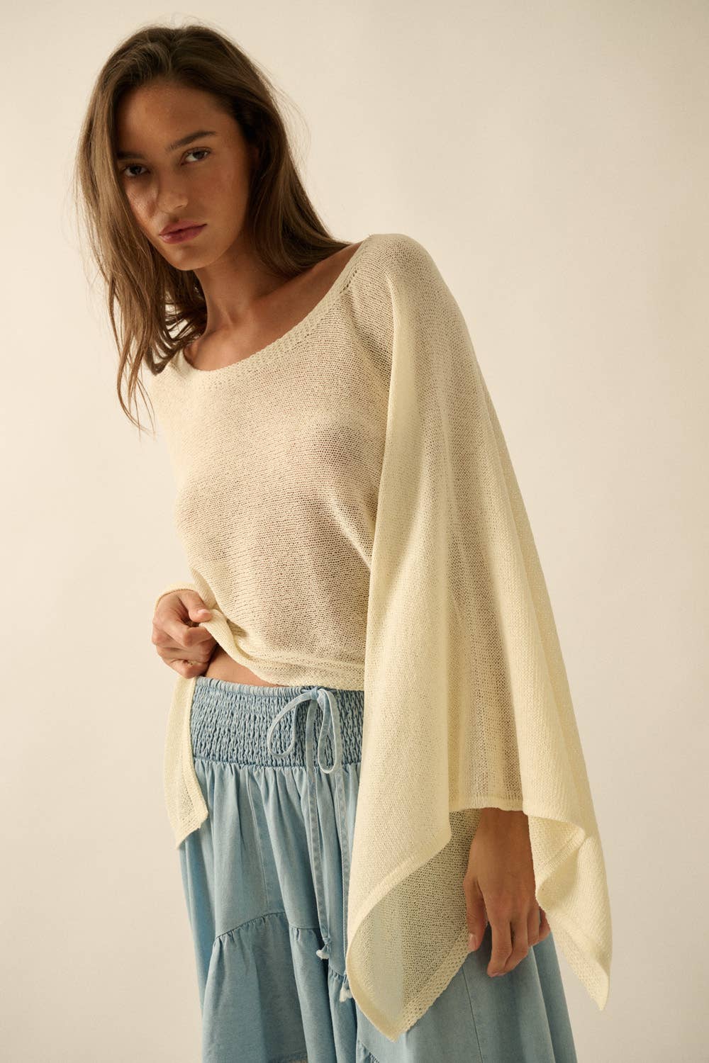 Cropped Poncho Style Knit Sweater