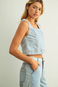 DENIM COLOR BLOCKED SLEEVELESS TOP