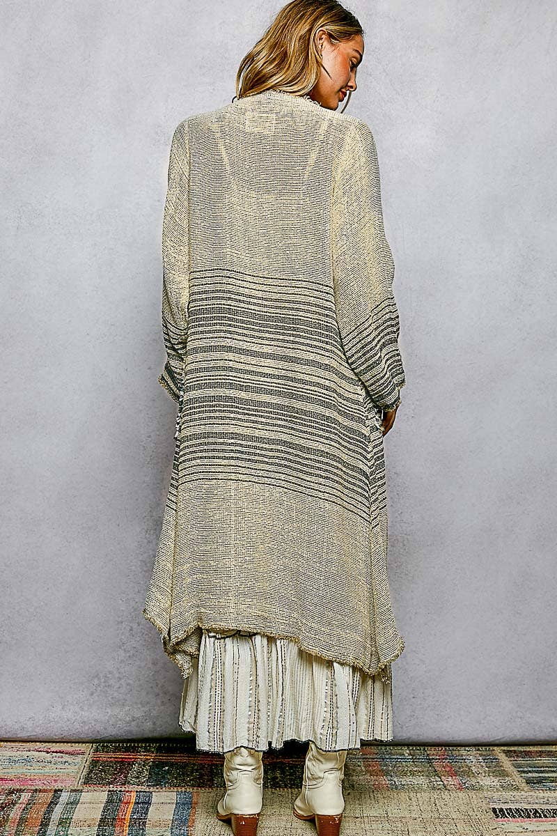 V-Neck Solid Stripe Linen Long Sleeve Cardigan