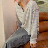 Stripe Split Neck Long Sleeve Marled Knit Top