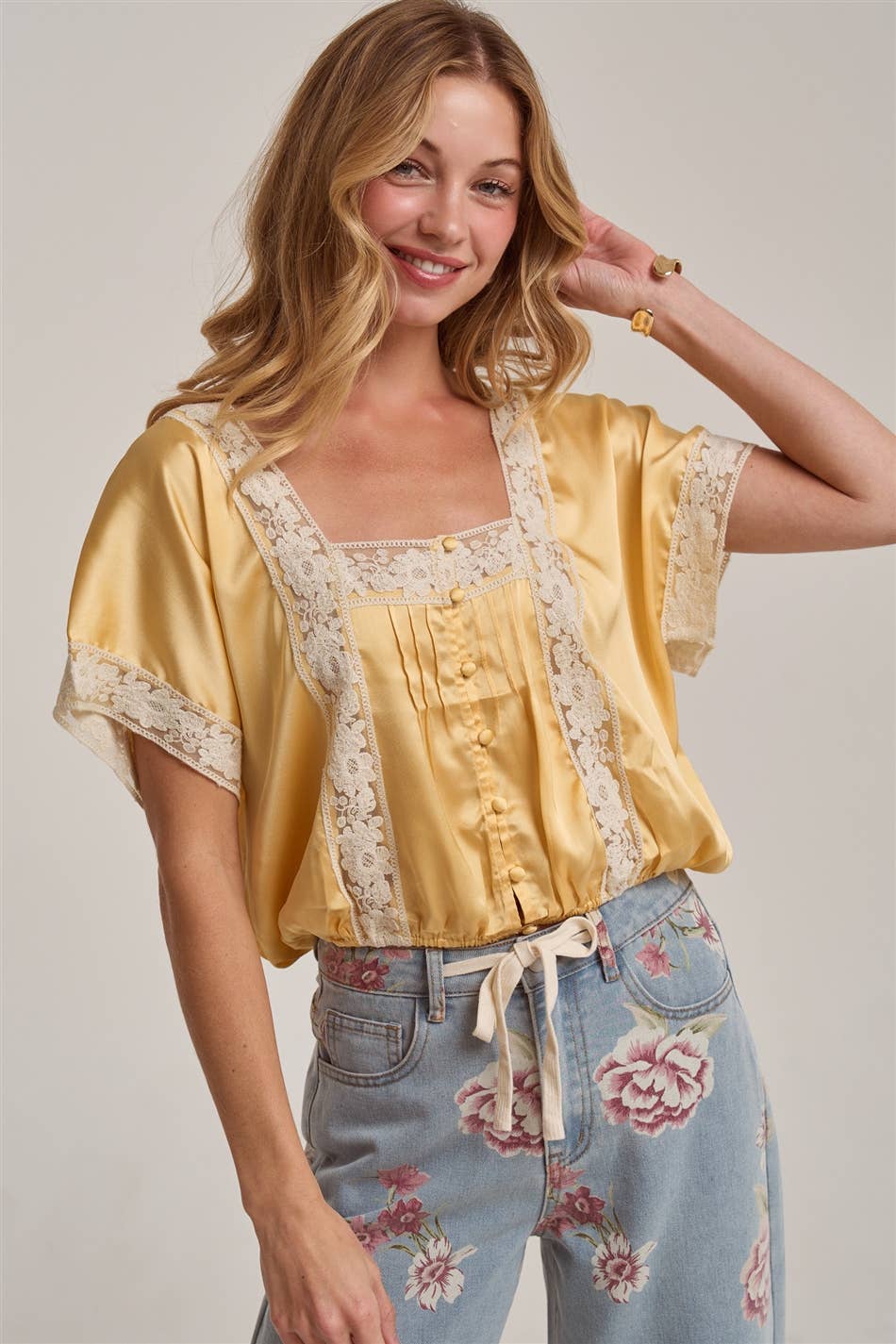 LACE TRIM SQUARE NECK SATIN BLOUSE TOP