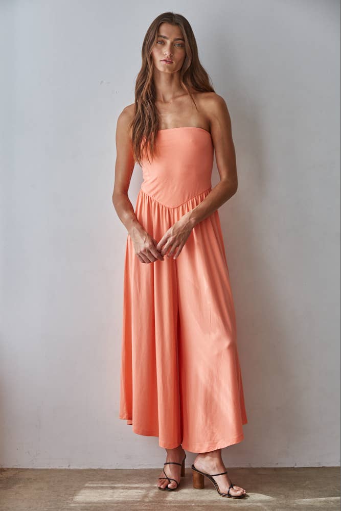 Knit Polyester Spandex Tube Strapless Flare Jumpsuit