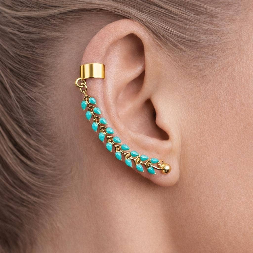 Gold Turquoise Blue Chain Ear Cuff