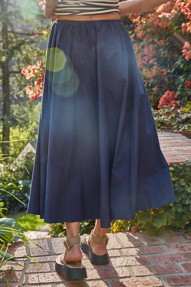 Cotton Drawstring Flare Midi Skirt