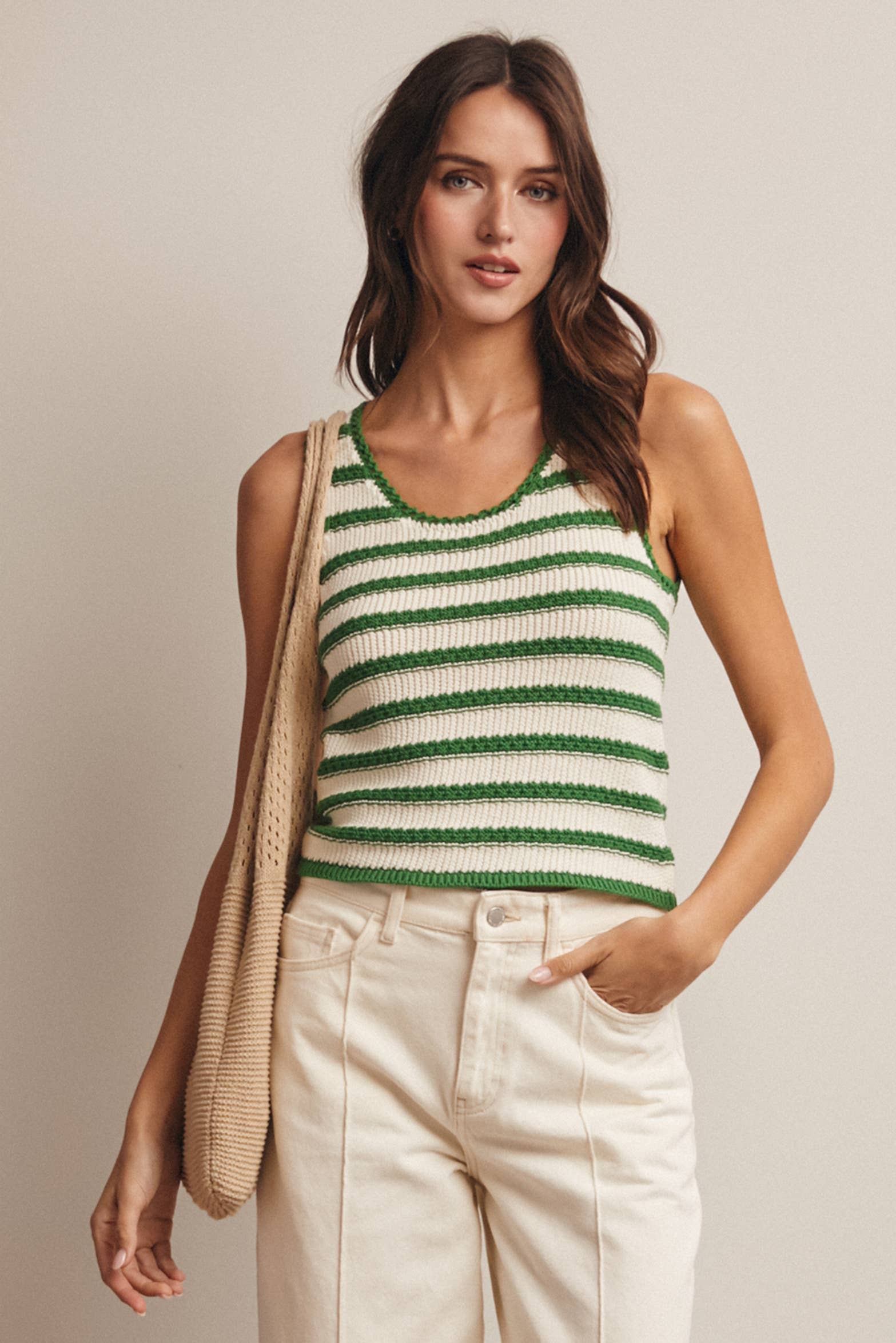 Green Striped Crochet Knit Tank