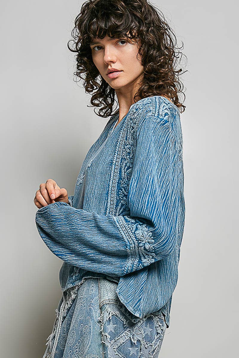 Vanessa V-neck Long Sleeve Floral Embroidered Cotton Woven Top
